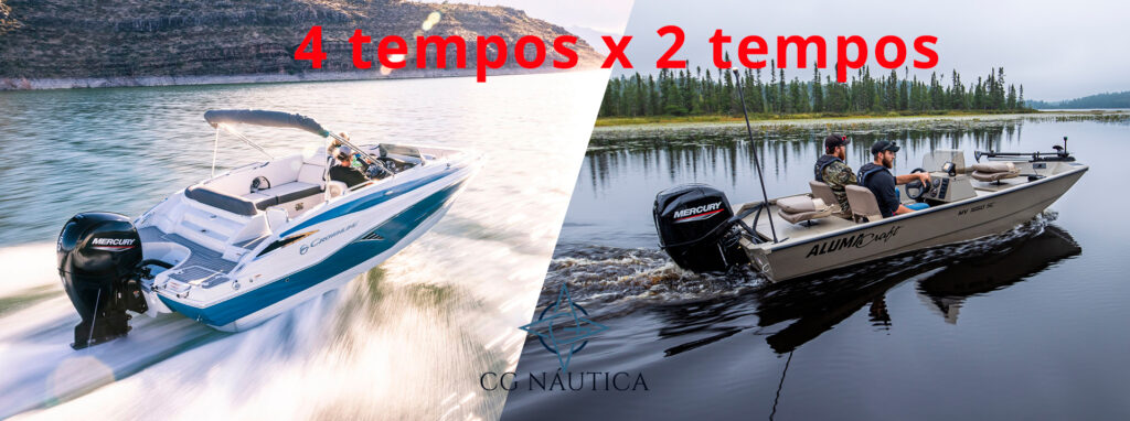Motores de popa lado a lado mostrando diferenca entre modelos de 2 tempos e 4 tempos